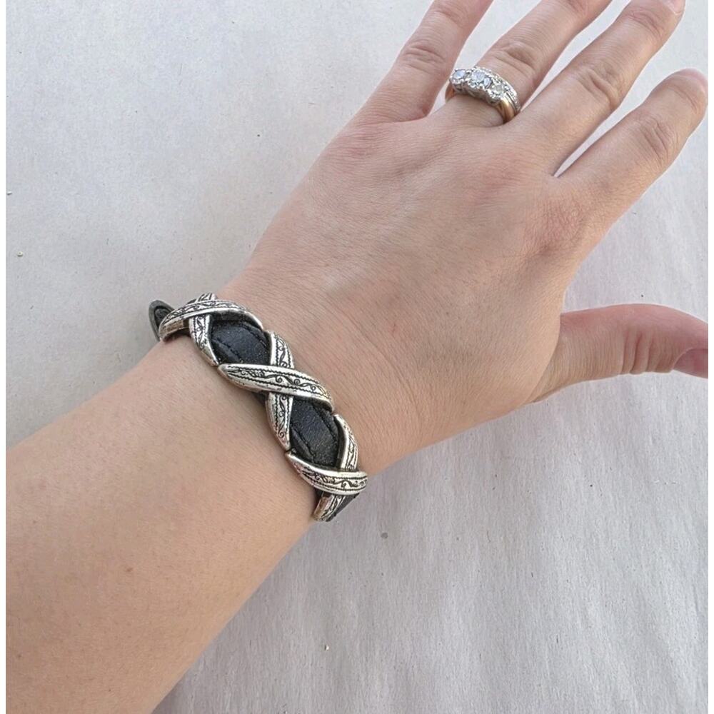 Brighton Silver Black Leather Kriss Kross Etched Bandit Buckle Boho Bracelet